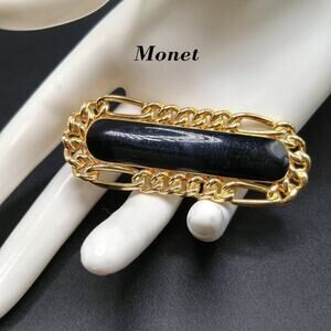 Vintage Monet Black Enamel Brooch, Gold Plated, Chain Design